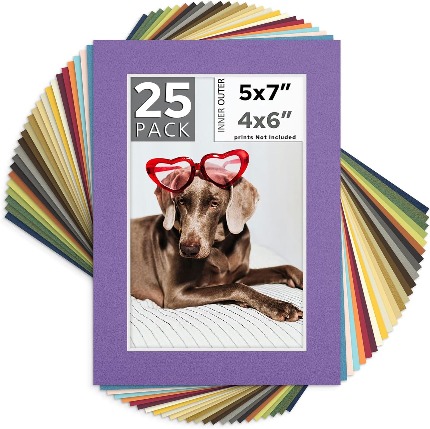 Mat Board Center, Pack of 25, 5x7 for 4x6 Mixed Color Mats - Acid Free, 4-ply Thickness, White Core - for Pictures, Photos, Framing