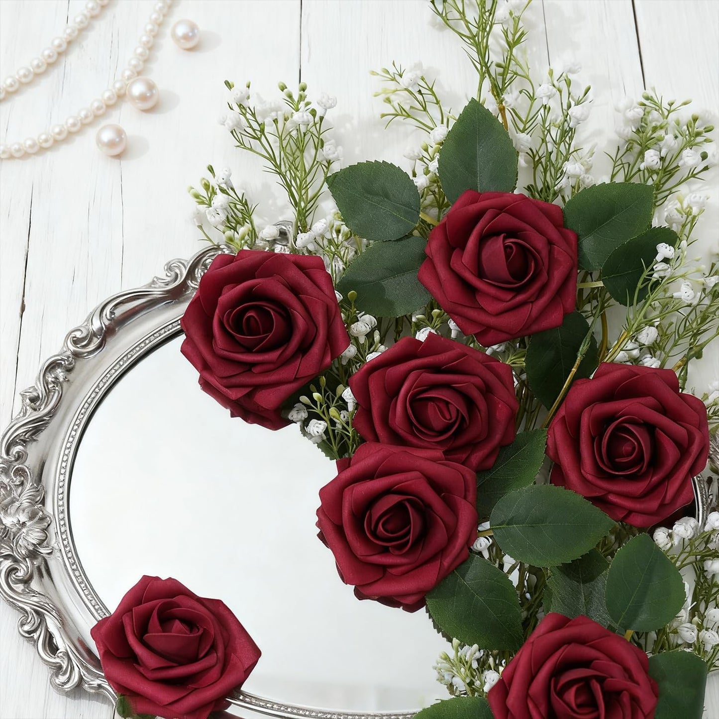 Artificial Flowers Foam Fake Roses 25pcs Red Roses with Stems for Home Decor DIY Wedding Bouquets Party Bridal Shower Centerpieces Faux Flower Arrangements Tables Decorations