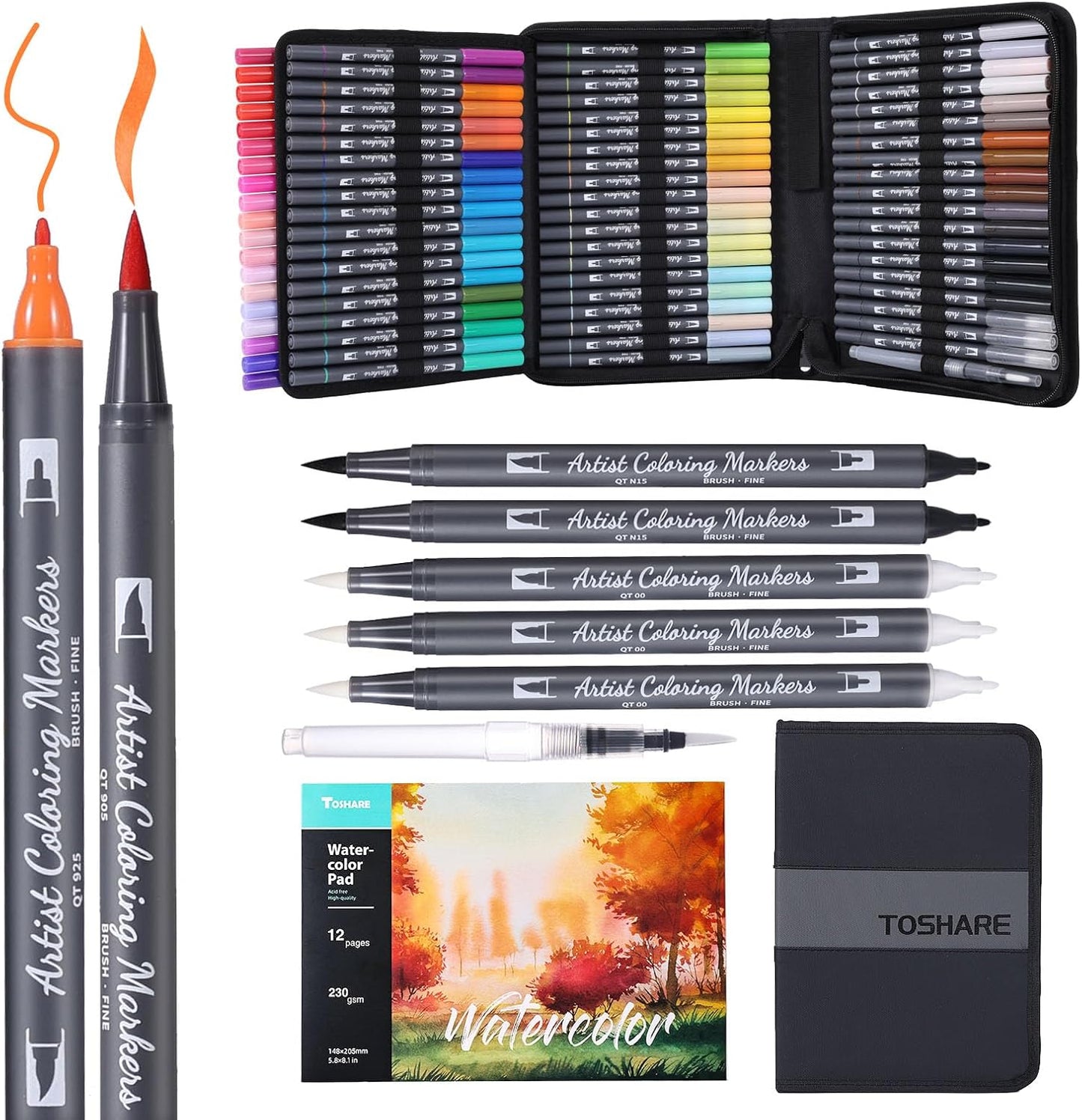 Watercolor Pens Set, 72-Color Dual Tip Paint Markers, Water-Based Coloring Pens with 1 Aquapen, 3 Colorless Blenders, 2 Black Markers, and 12-Page Pad, Art Supplies for Artists and Beginners