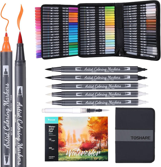 Watercolor Pens Set, 72-Color Dual Tip Paint Markers, Water-Based Coloring Pens with 1 Aquapen, 3 Colorless Blenders, 2 Black Markers, and 12-Page Pad, Art Supplies for Artists and Beginners