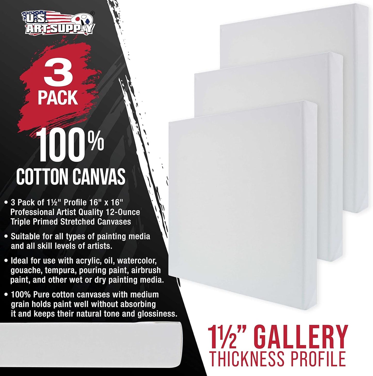 U.S. Art Supply Large Stretched Canvas for Painting 16x16 inch Gallery Depth 1-1/2" Thick, 3-Pack - 12oz Acrylic Gesso Triple Primed, Professional Artist Quality, 100% Cotton - Oil, Pouring Paint