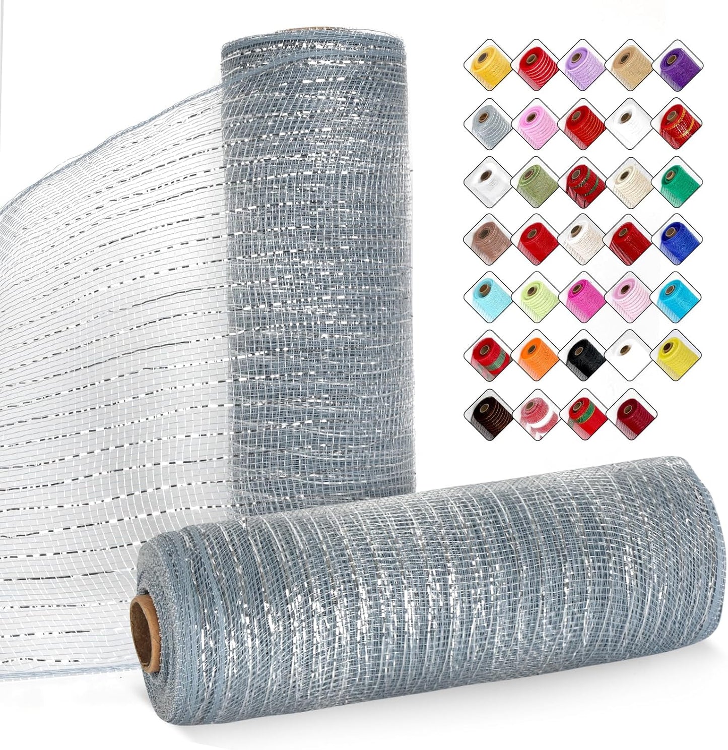 2 Rolls Mesh Ribbon for Wreaths 10 Inch x 30 Foot Wreath Mesh Rolls with Metallic Foil for Easter Christmas Party Wedding Home Decor DIY Craft Projects and Gift Wrapping (Gray)