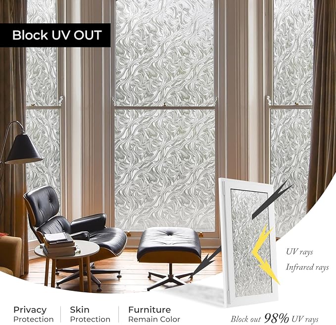 Window Privacy Film, Removable Static Cling, Stained Glass Decorative Window Film, Vinyl Covering for Home Kitchen Living Room, Ocean Current, 17.3" x 78.7"