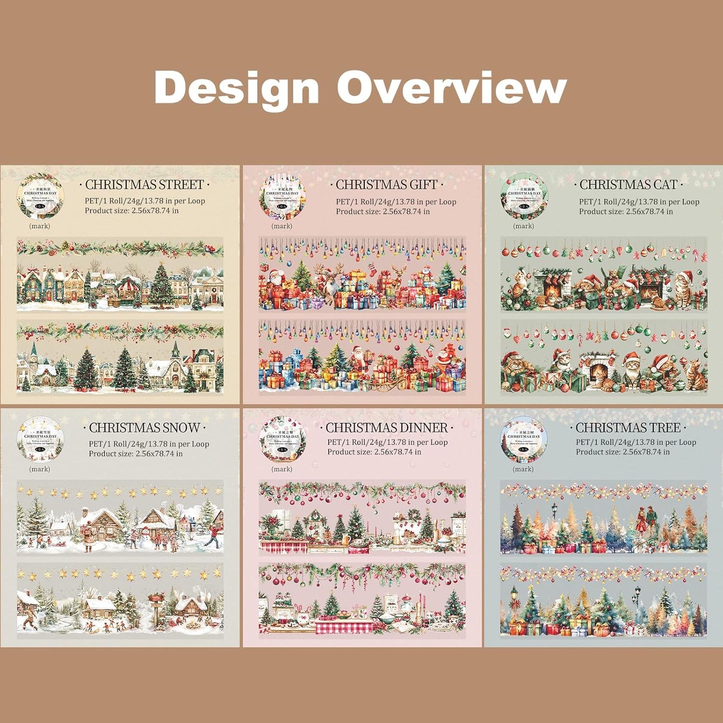 Christmas PET Tape Set - Seamless Loop Design with Snowy Villages, Festive Cats and Holiday Scenes, Includes Decorative Clip, Self-Adhesive Rolls for Scrapbook, Journal and DIY Decor