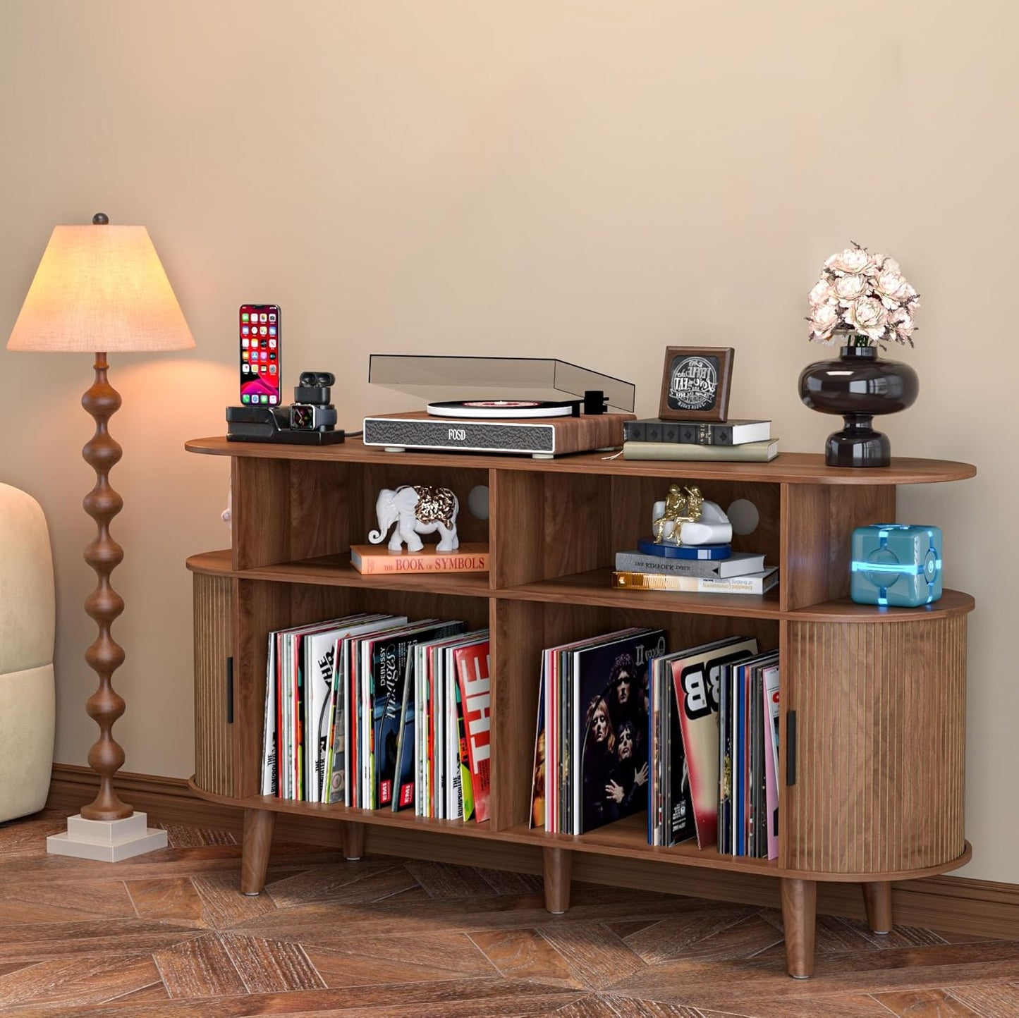 Large Round Record Player Stand with Charging Station & USB Ports，Record Storage Cabinet, Mid Century Modern Turntable Stand for Bedroom Living Room (Walnut)