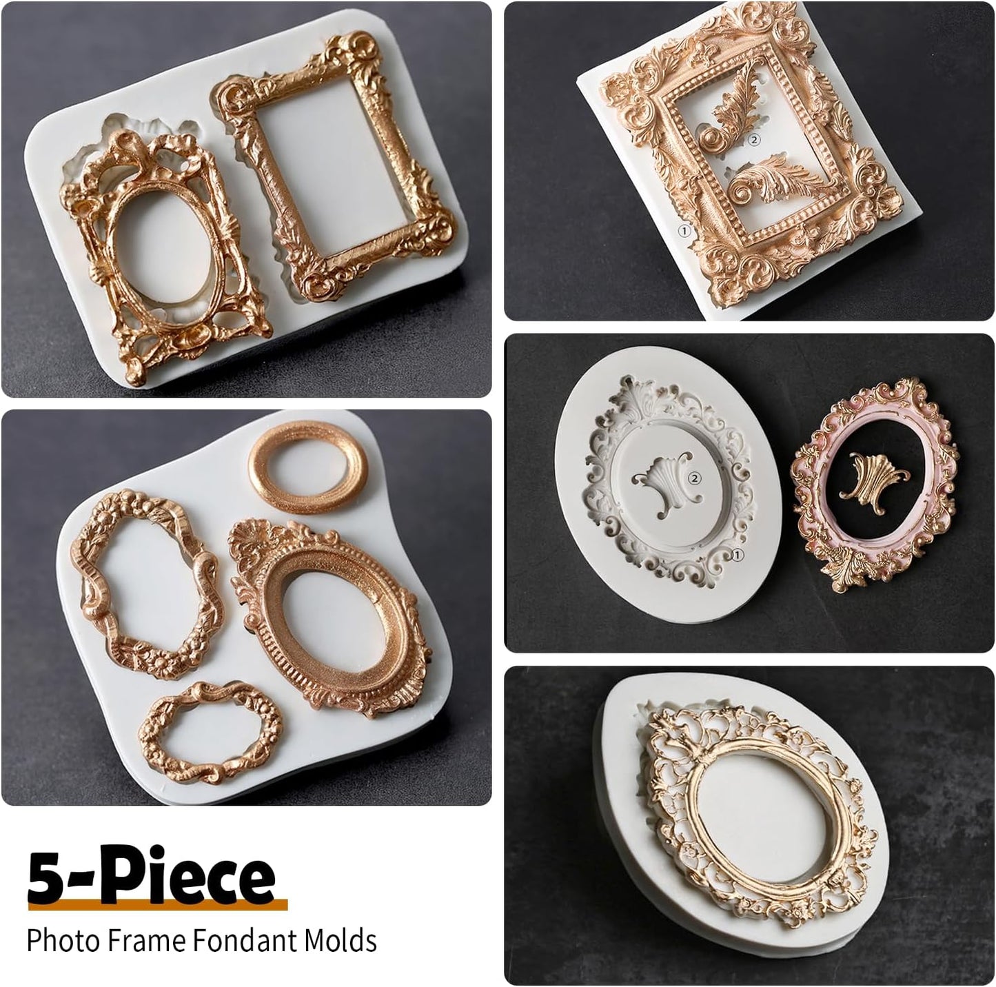 Growtail Photo Frame Silicone Fondant Molds,Picture Frames Chocolate Mold for Crafts,Sugarcraft Cupcake Topper,Polymer Clay Set of 5