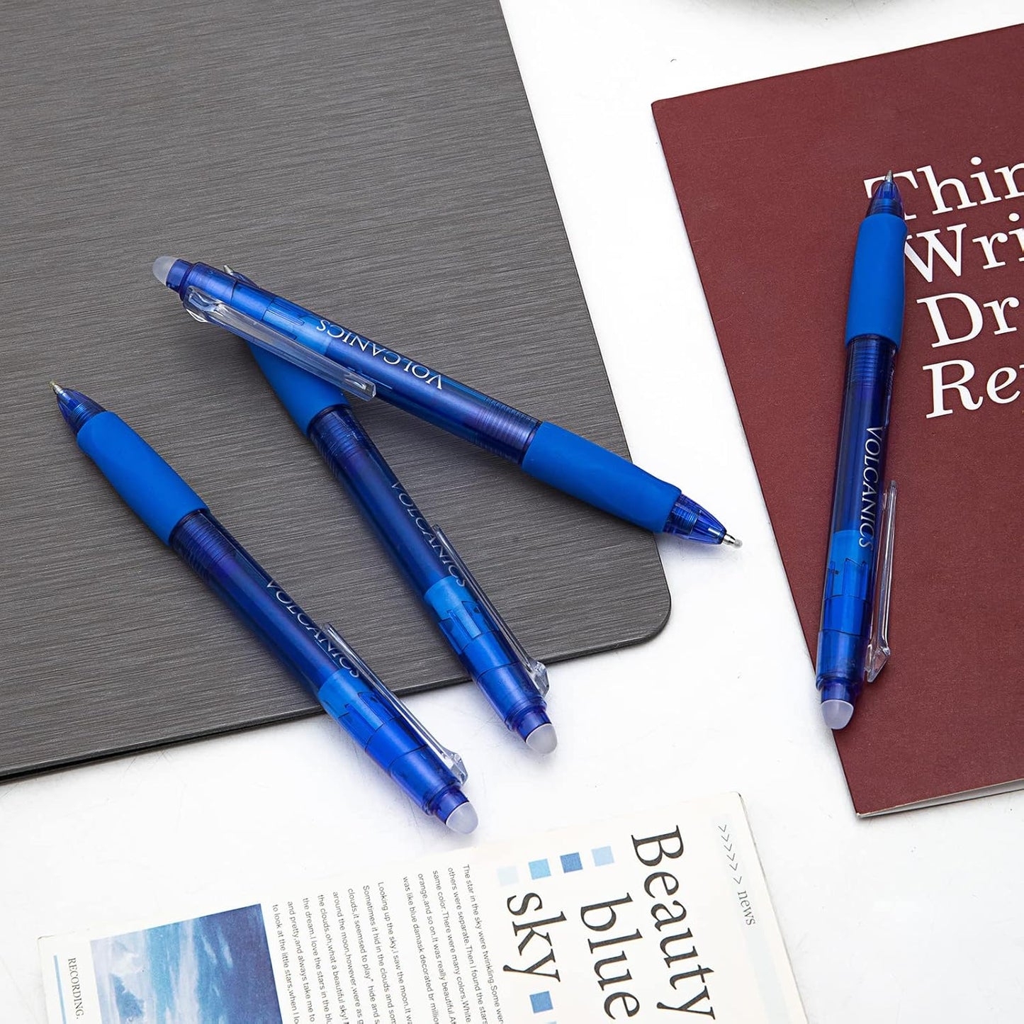 Volcanics Retractable Clicker Erasable Gel Pens - 0.7mm Ball Point, Heat Erase with Built-in Eraser, 36 Pack Blue