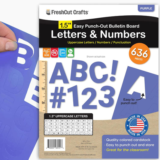 FreshCut Crafts 636 Pcs 1.5 in. Purple Bulletin Board Letters & Numbers, Capital Alphabet Letters, Numbers, Punctuation, US Made Card Stock Punch Out Letters for Posters, Bulletin Boards, Classroom