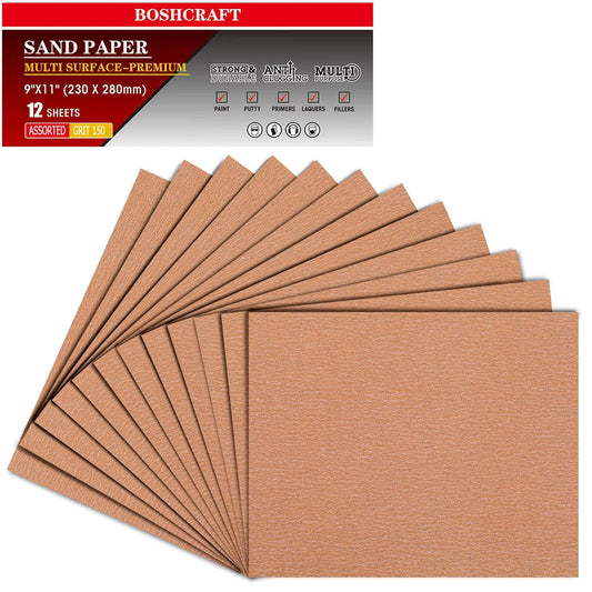 150 Grit Sandpaper Set - Assortment for Wood & Metal - 9" x 11" Sheets, 12 Sheets