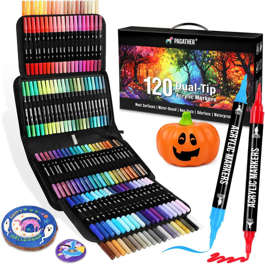 120 Colors Acrylic Paint Markers, Dual Tip Fine and Brush Tips Pens Contain 24 Metallic Color for Stone, Wood, Calligraphy, Canvas, Ceramic, Metal, Glass, Rock Painting, DIY Crafts Art Supplies Kit