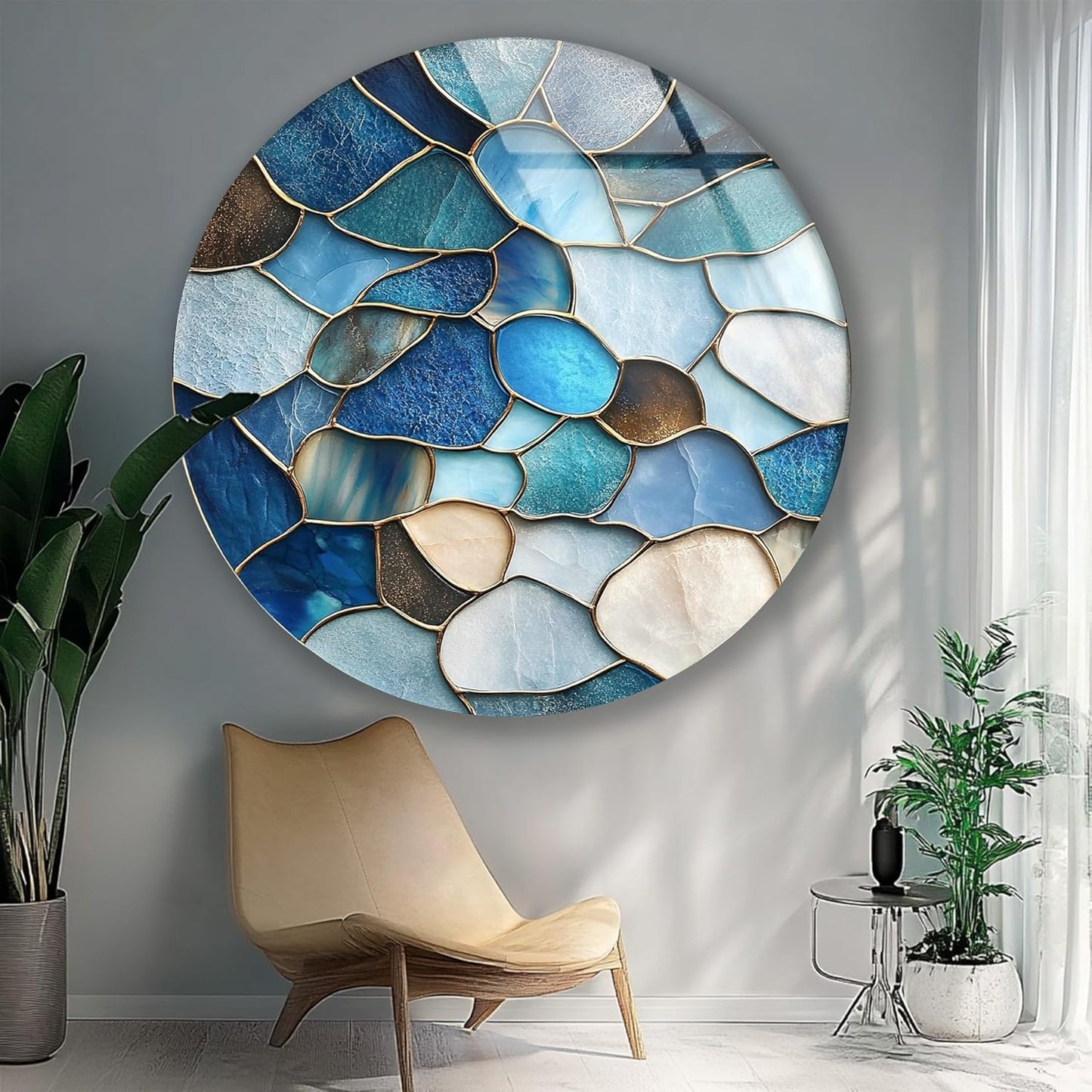 My Photostation.com 31.5''(80cm) Diameter Coastal Blue Stone Mosaic Round Glass Wall Art Tempered Glass Printing Wall Decor Large Wall Art Wall Hangings