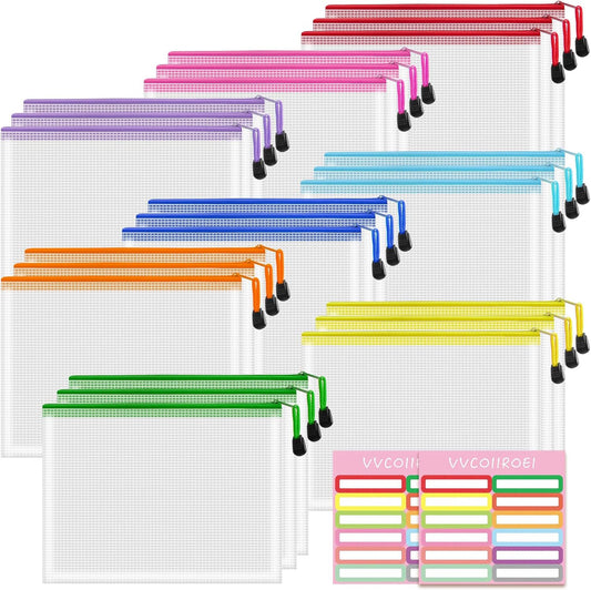 24pcs Mesh Zipper Pouch Bags, A5 9.4x7.1 Inches, 8 Colors, Organizing Pouches for Classroom, Home, Office & Puzzle Storage