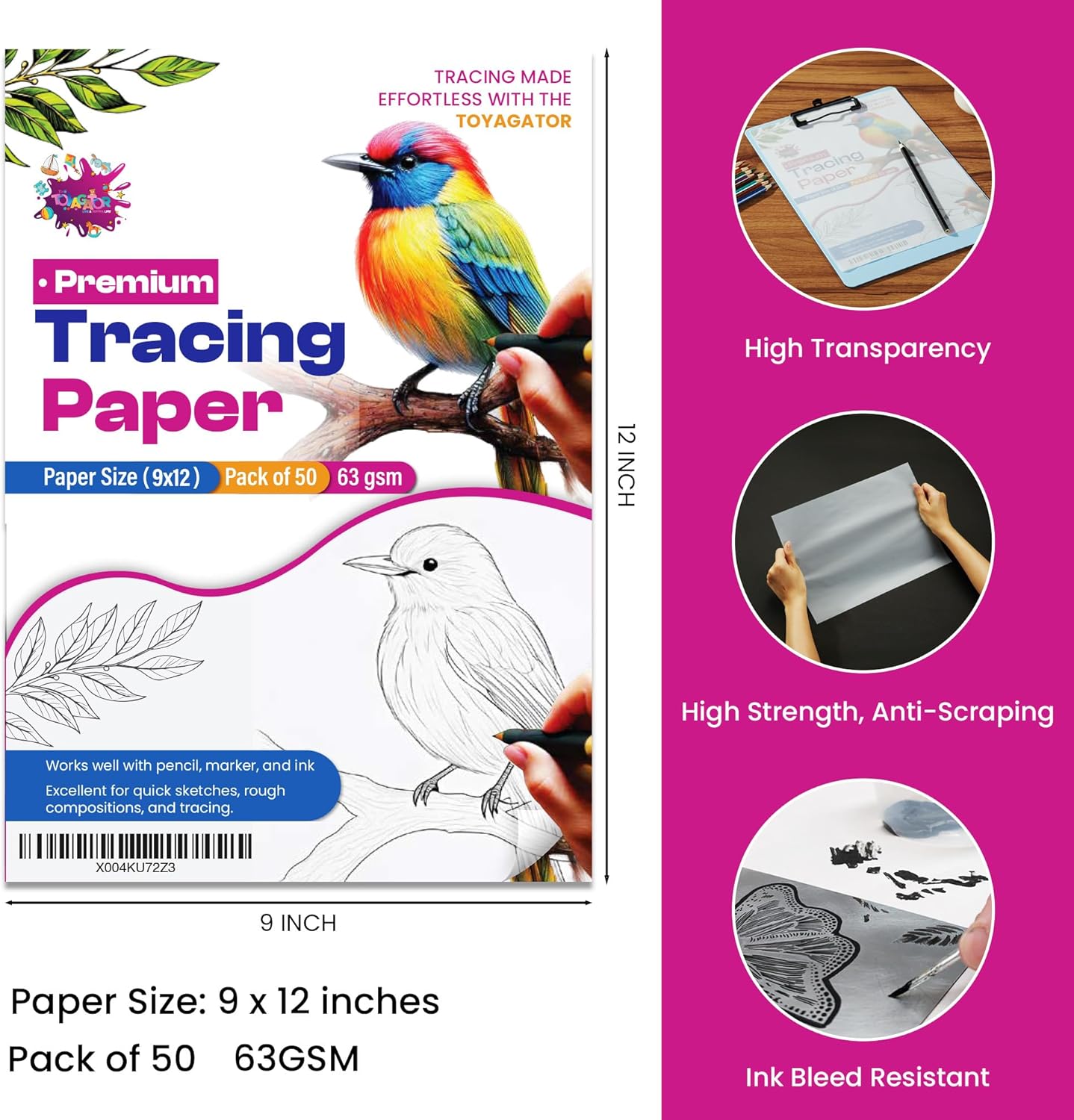 Tracing Paper 9 x 12 Inch - 50 Sheets 41lb/63gsm Transparent Vellum Paper for Sketching, Preliminary Drawing, Drafting & Overlays - Premium Translucent Tracing Paper for Pencil, Marker and Ink