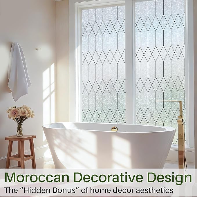 Windimiley Window Privacy Film Stained Glass Static Clings, Bathroom Frosted Leaded Decorative Window Stickers, UV Heat Blocking Opaque Removable for Home Door Coverings (17.5 x 118.1in,Pure)