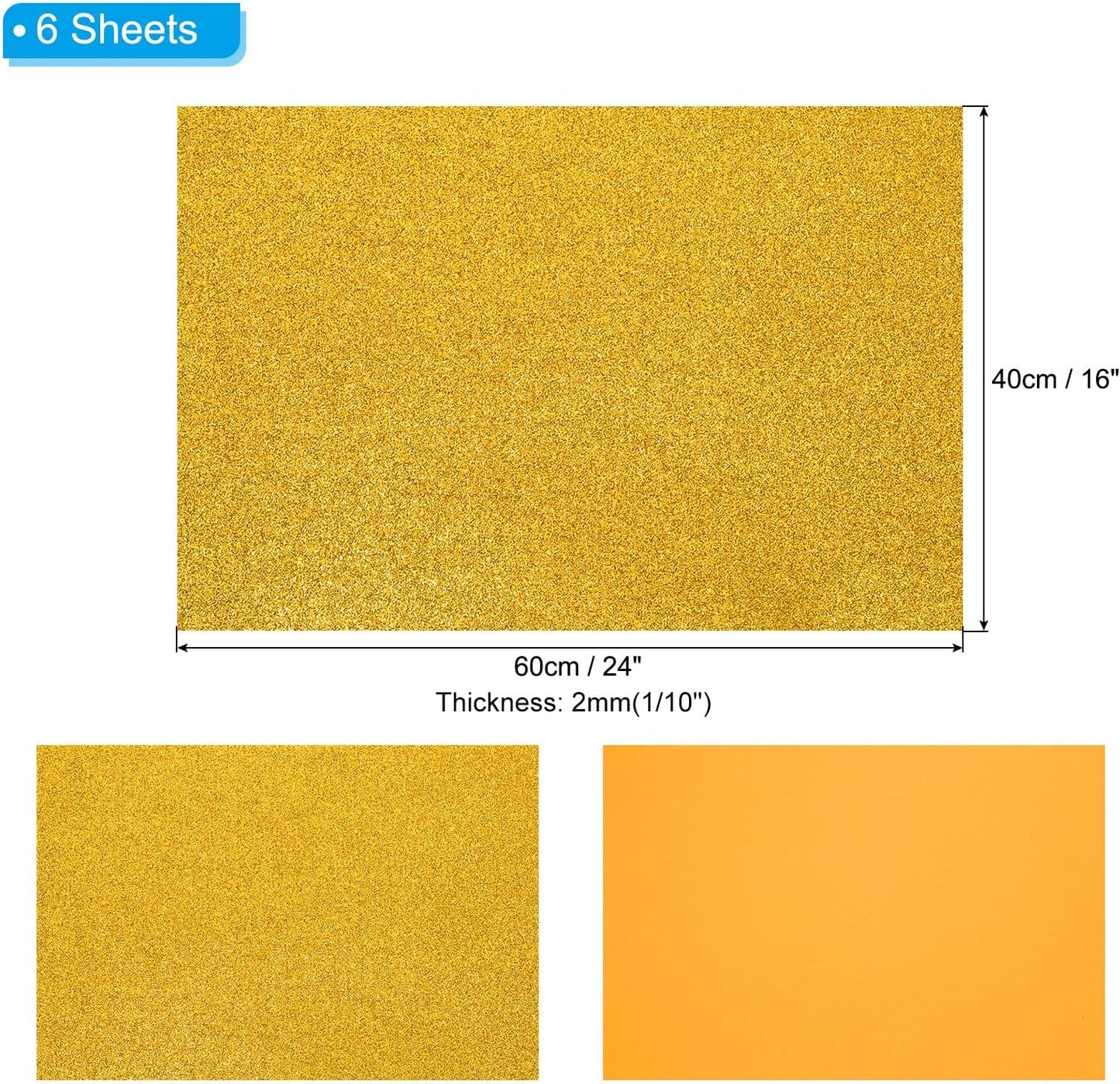PATIKIL 2mm(1/10") Thick Non Adhesive Glitter Foam Sheet 16x24inch(40x60cm) Gold Tone, EVA Shiny Foam Board for Craft, 6 Pcs