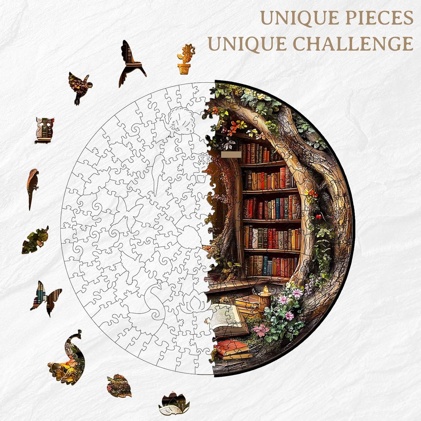KAAYEE Wooden Puzzles for Adults, 3D Visual Effect Tree House Library Wooden Jigsaw Puzzle Unique Shape Wood Puzzle Adult, 3D Effect Flat Puzzle Birthday Family Games (M-11.4 * 11.4 in-200pcs)