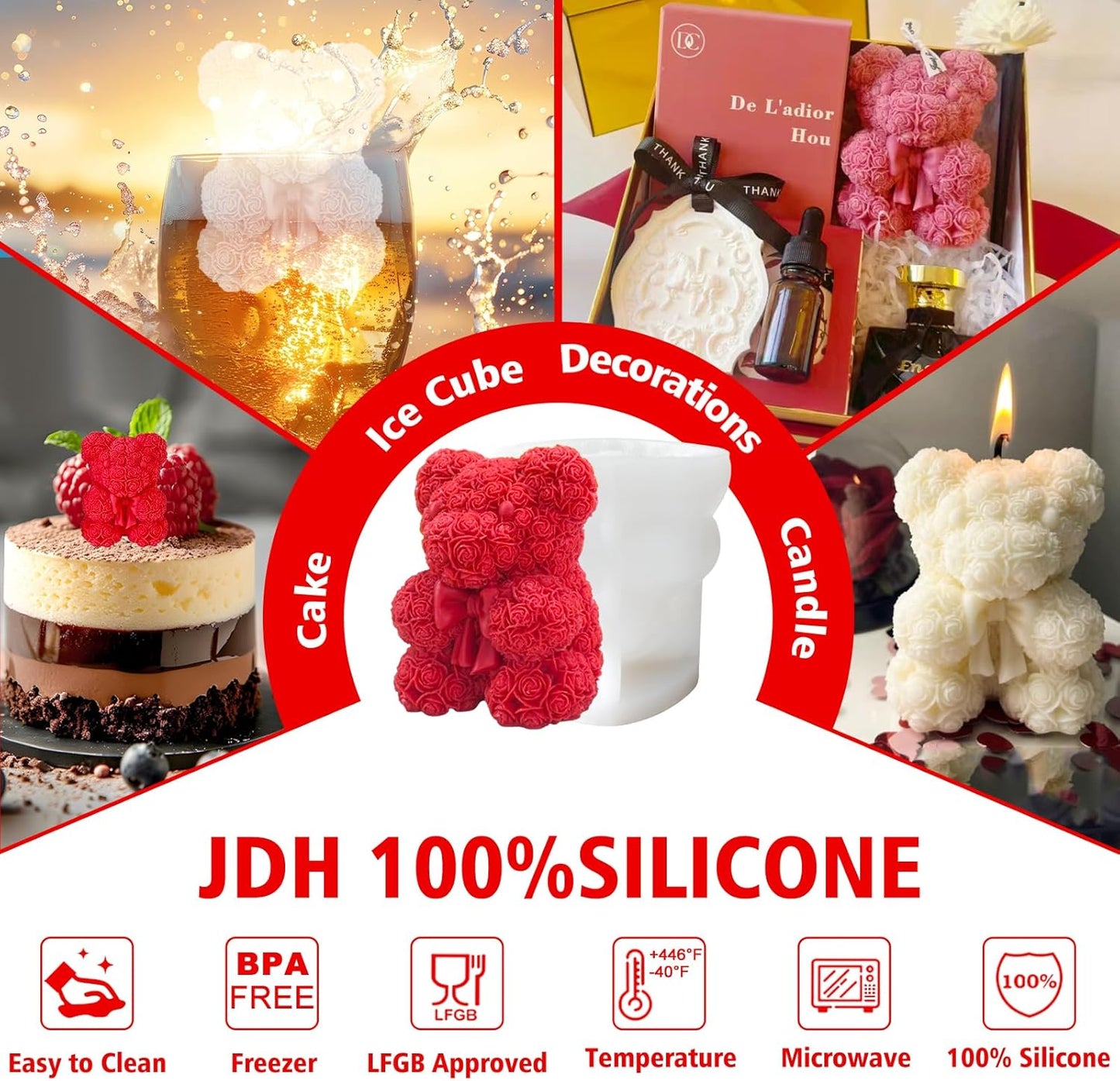 Bowtie Rose Bear Candle Mold 3D Teddy Bear Silicone Mold for DIY Handmade Soaps, Epoxy Resin Crafts, Father's Day Gifts, Birthday Gifts, Valentine's Day Gifts & Home Decorations Reusable Molds