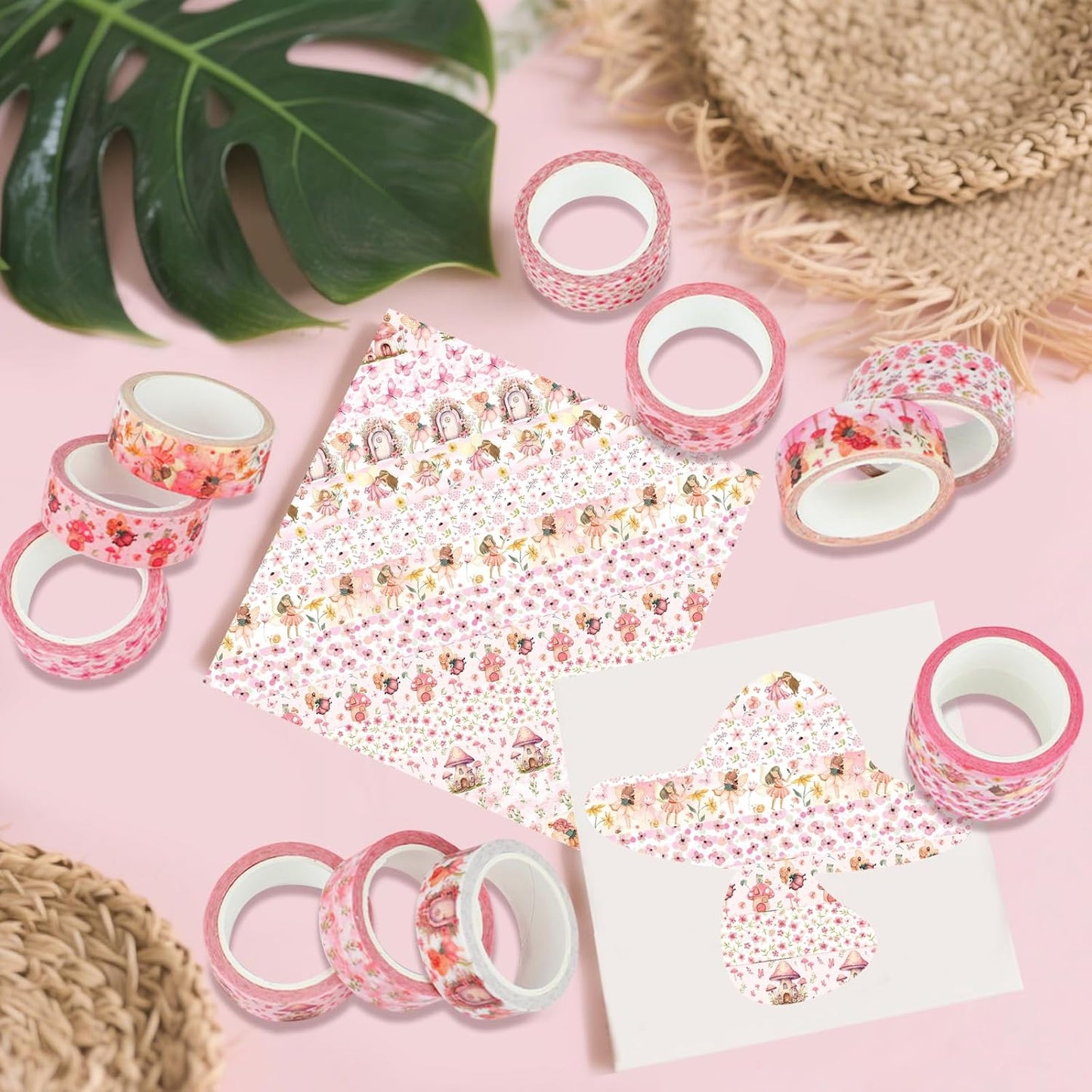 12 Rolls Fairy Washi Tape Set, Fairy Mushroom Butterfly Floral Decorative Tape, Pink Watercolor Masking Tapes for Scrapbooking Journaling Party Supplies, DIY Art Crafts, Gift Wrapping 16.4FT