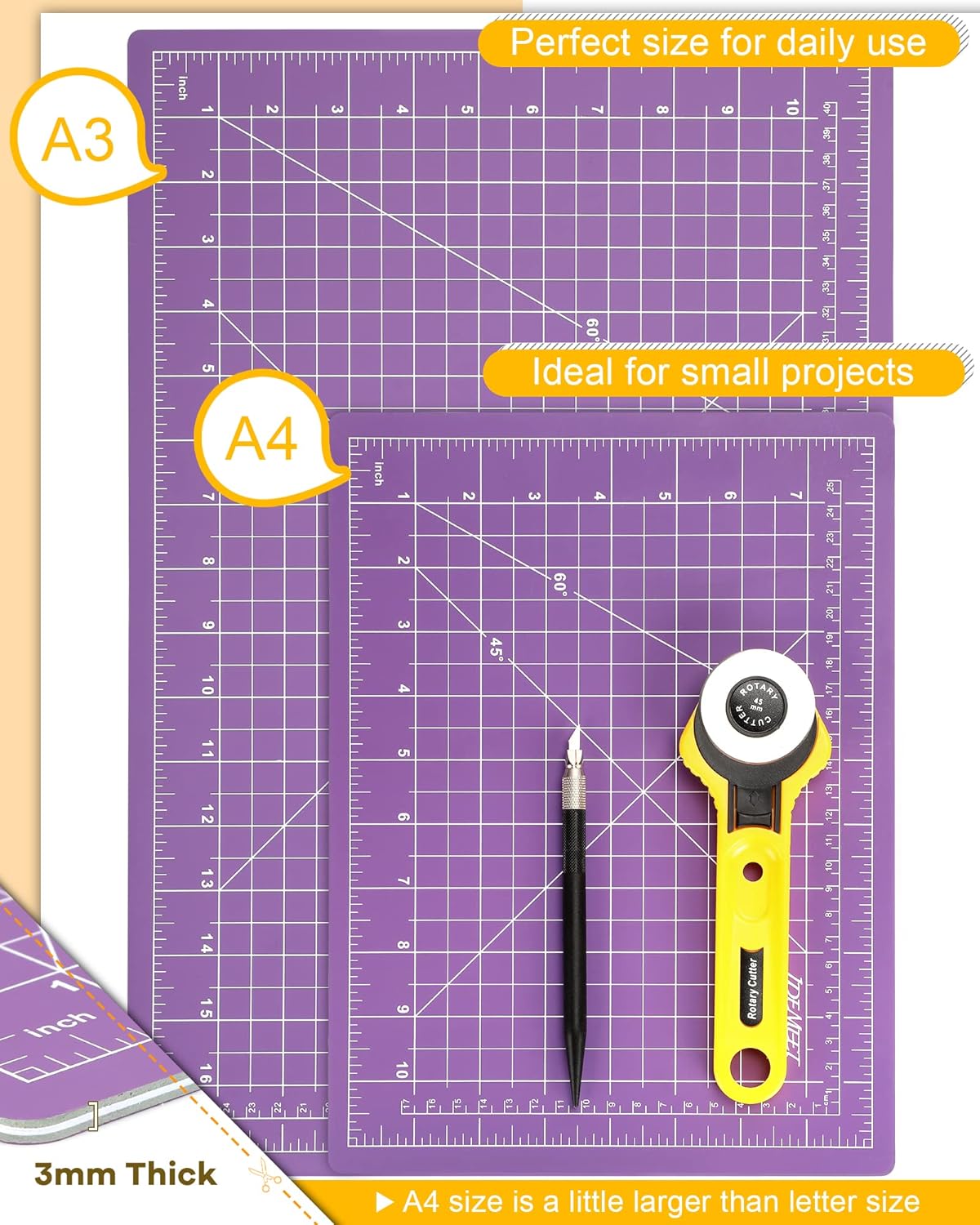 Thickened 18"x12" Self Healing Cutting Mat, Idemeet Rotary Cutting Sewing Mat for Crafts, 5-Ply Blade Table Protector Cut Board for Fabric Leather Cutting Quilting Modeling Hobby Project, A3, Purple