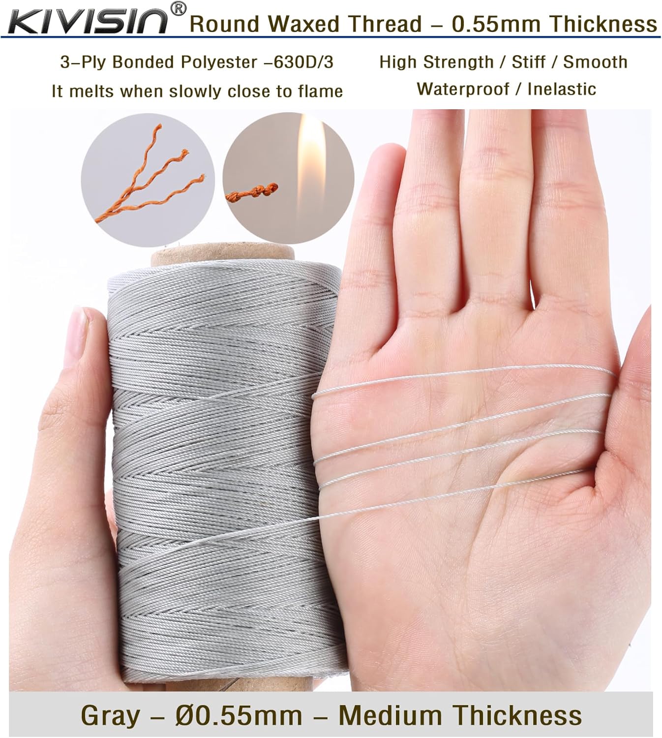 Sturdy Bonded Waxed Polyester Thread, 0.55mm, 437 Yards Wax String Cord - Gray for Leather, Hand Sewing, Stitching, Bookbinding, Beading, Bracelets and Macrame Jewelry Making