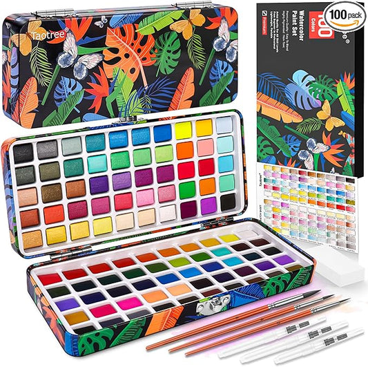 Taotree Watercolor Paint Set 100 Colors, Art Supplies Watercolors Kit Travel Water Colors with 3 Paints Brushes, Crafts Painting Supplies, Drawing Christmas Gifts for Adults Artist Drawing, Painting