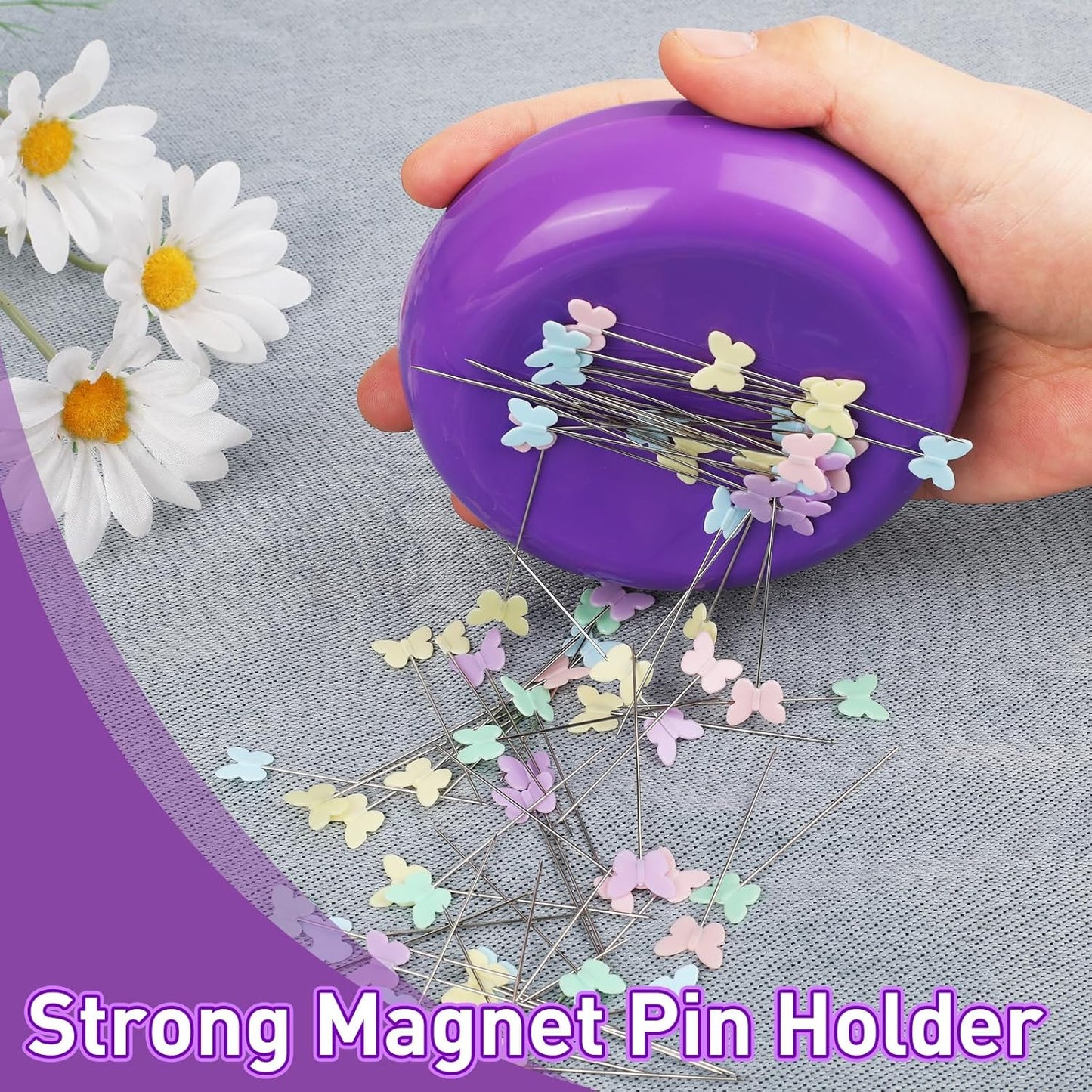 Oukitoymer Magnetic Pin Cushion with 100pcs Butterfly Head Straight Pins, Bobby Pin Holder for Sewing, Magnet Needle Cushion, Paper Clip Collector, Secure Pin Storager, Sewing & Quilting Accessories