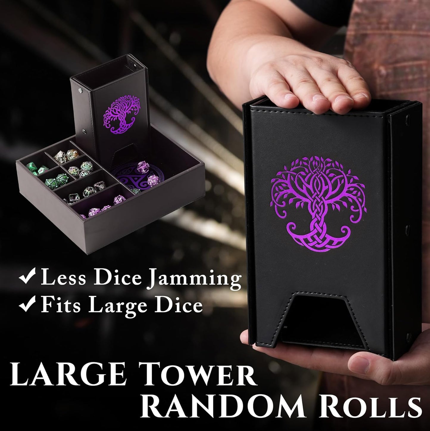 Dice Tray and Dice Tower for DND and RPG - All-in-One Game Roamer Tray & Large Tower for Random Rolls - Stores Your Sets, Mini's and More Compatible with D&D (Purple Tree)
