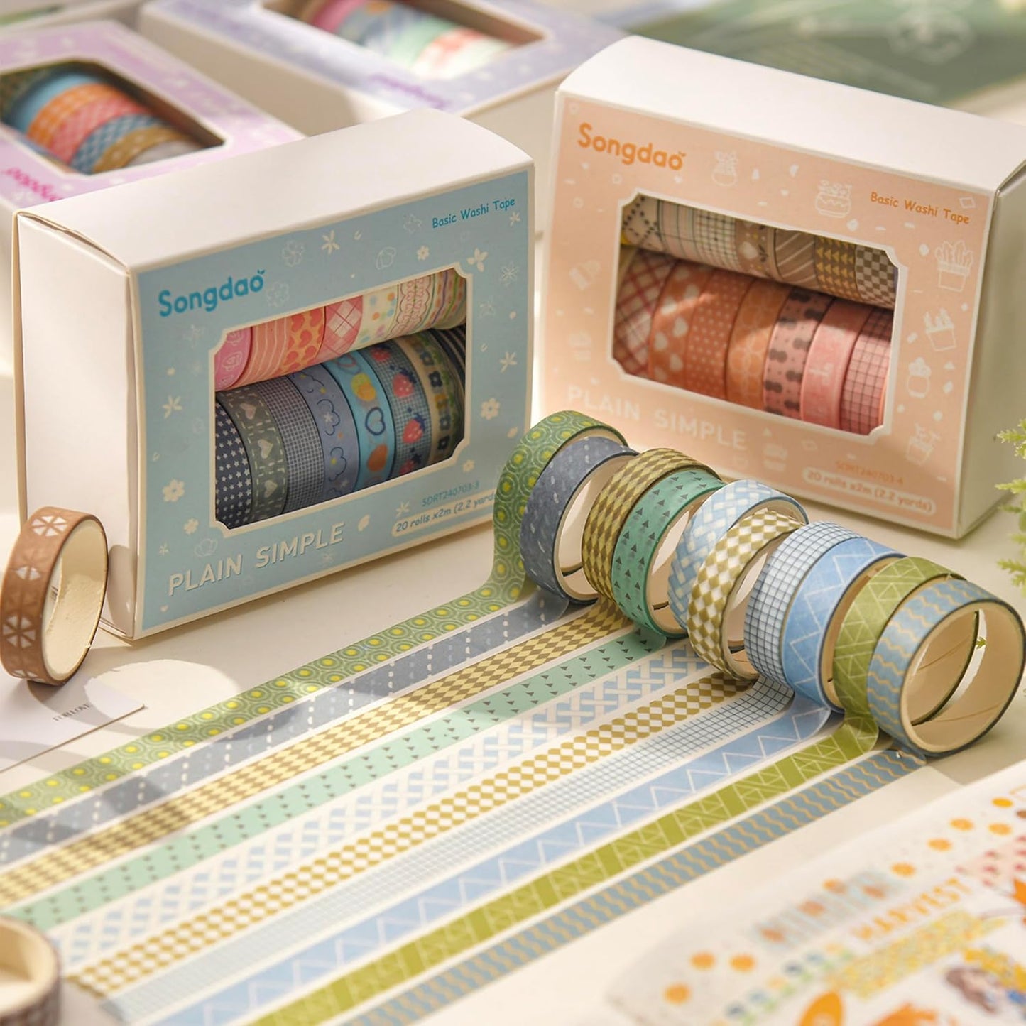 20 Rolls Basic Washi Tape Set Japanese Arts Adhesive Tapes Simple Patterns Decorative Masking Tape Sets for Craft, Kids, Scrapbook, DIY, Gift Wrapping (Style Four)