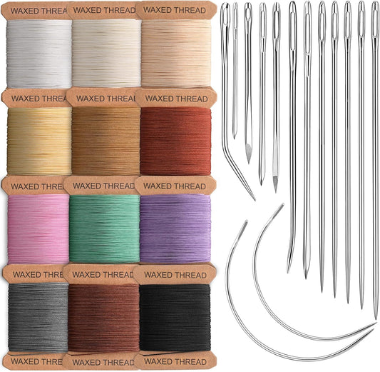 IMZAY Upholstery Repair Kit, Waxed Sewing Thread (12Colors), Heavy Duty Needles(14 PCS), 264 Yards Strong Sewing Thread with Thimbles for Canvas, Leather Sewing