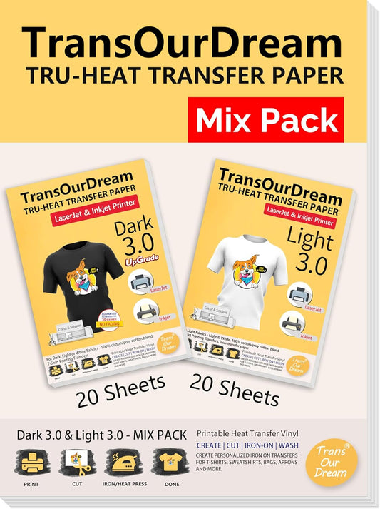 TransOurDream Tru-Heat Transfer Paper for T Shirts (20+20 Sheets, 8.5x11", Mix Pack) Printable Heat Transfer Vinyl for Dark & Light Fabrics Iron on Transfers for Laserjet & Inkjet Printer