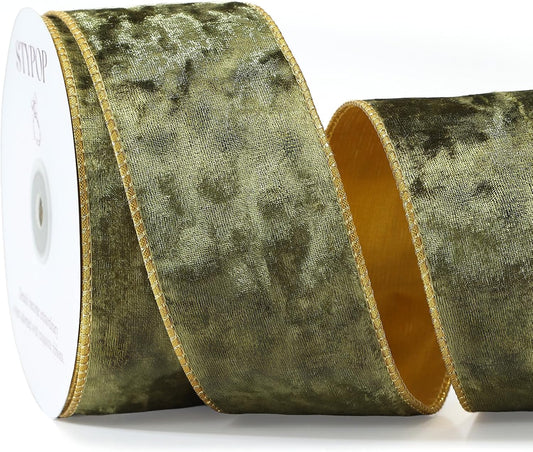 Olive Green Christmas Velvet Ribbon Wired (2.5" × 15 Yards) - Christmas Ribbon for Christmas Tree Decoration/Gift Wrapping/Crafts Wreaths Supplies