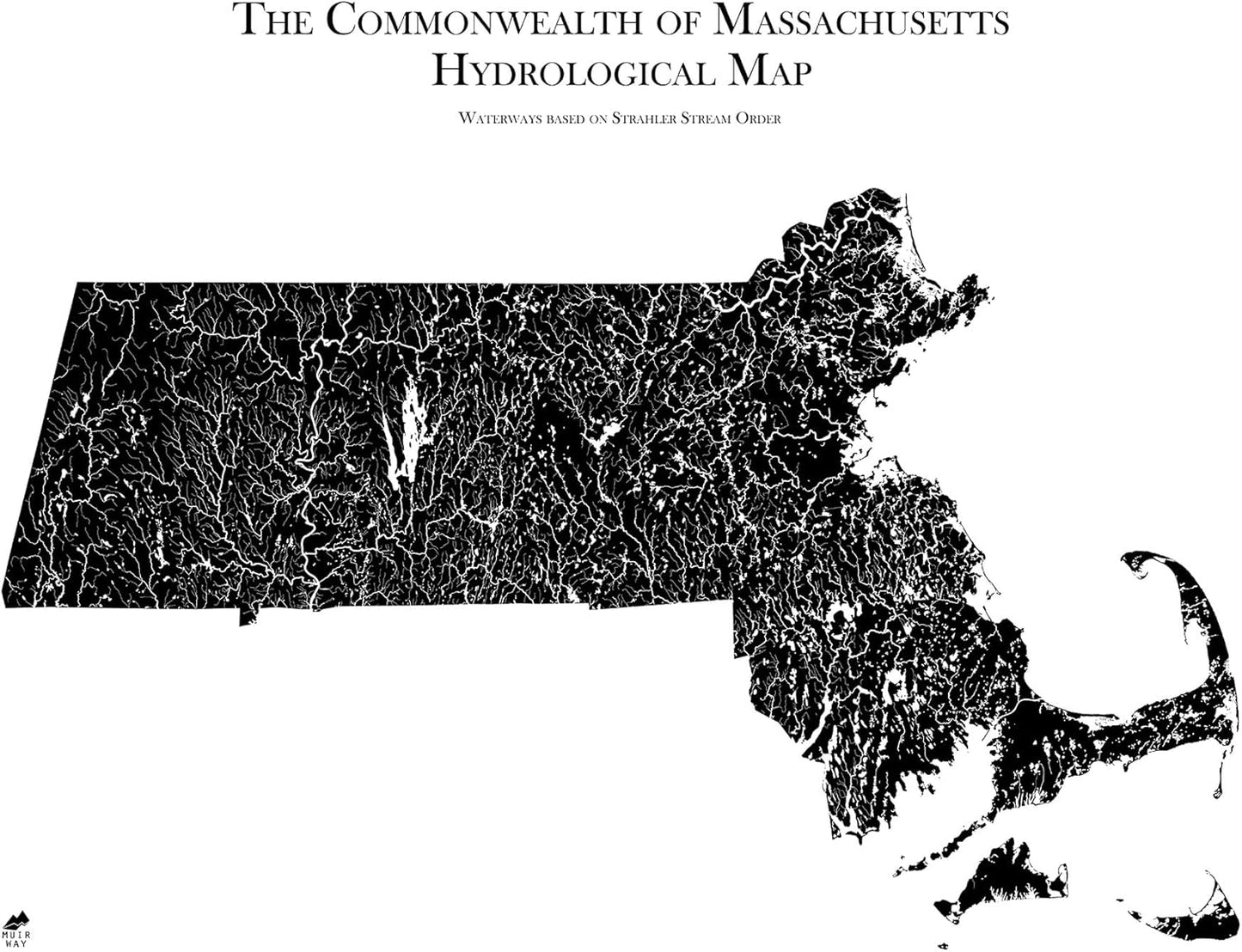 Muir Way Hydrological River Map of Massachusetts - Watershed Topographic Wall Art for Home, Office, or Travel Decor - Unframed Flat Paper Print, 24x30