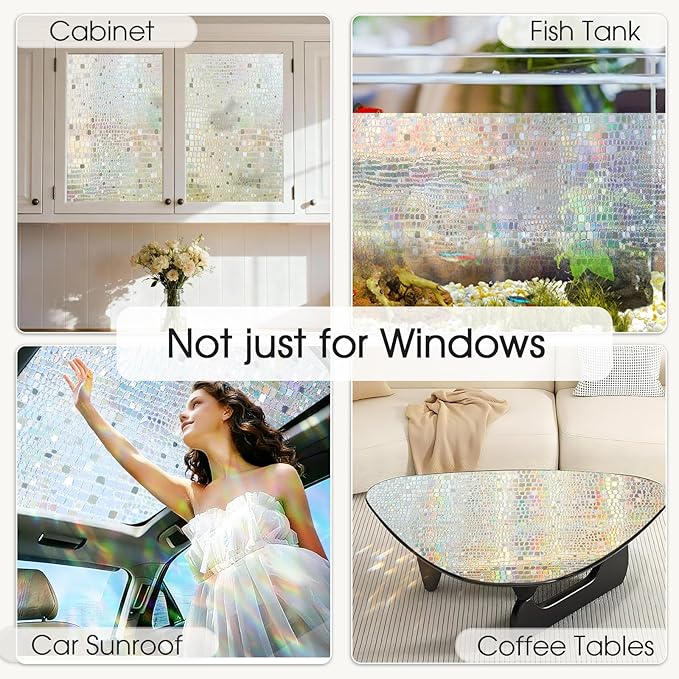 Windimiley Rainbow Window Privacy Film, 3D Stained Glass Christmas Decorative Window Clings, UV Heat Blocking Holographic Prism Stickers for Home(17.5 x 157.5In,Pure)