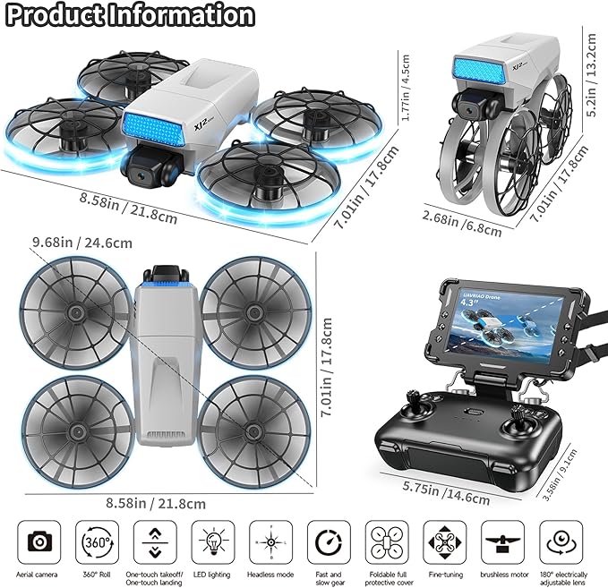 Foldable RC Drone with 1K HD Camera, Upgraded Foldable Remote with Detachable Lanyard, 2 Batteries & Carry Case - Safe Propeller Guard, 3D Flips, One-Key Takeoff/Landing, Ideal Gift for Beginners and Adults