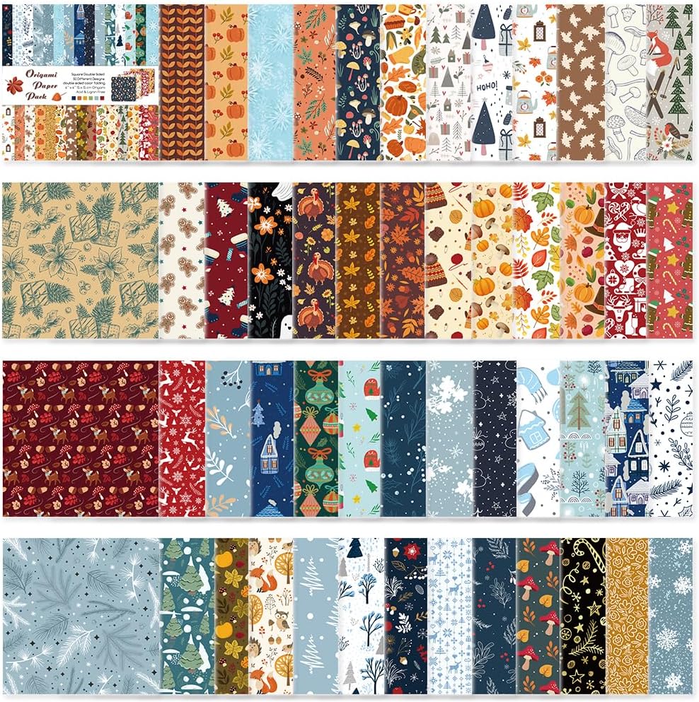 Origami Paper Kit 50 Sheets 70GSM 6 Inch Square Double Sided Color 50 Vivid Japanese Washi Chiyo Colors for Hand Crafts Origami Paper Arts Creativity.Winter