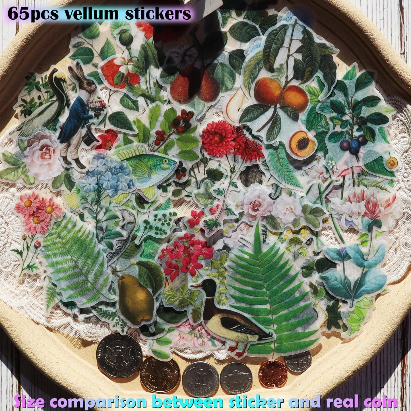 Vintage Vellum Stickers Floral Plants Elements Scrapbooking Supplies Flowers Botanic Natural Translucent Paper Self-Adhesive Junk-Journal Items (Fern)