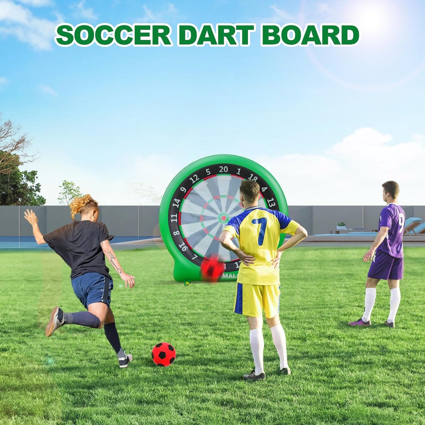 Giant Dart Board Inflatable with Pump, Outdoor and Indoor Soccer Sport Kick Dartboard for Kids and Adults, Waterproof Darts Board Yard Game with 20 Golf Balls, 4 Sticky Balls, 2 Soccers