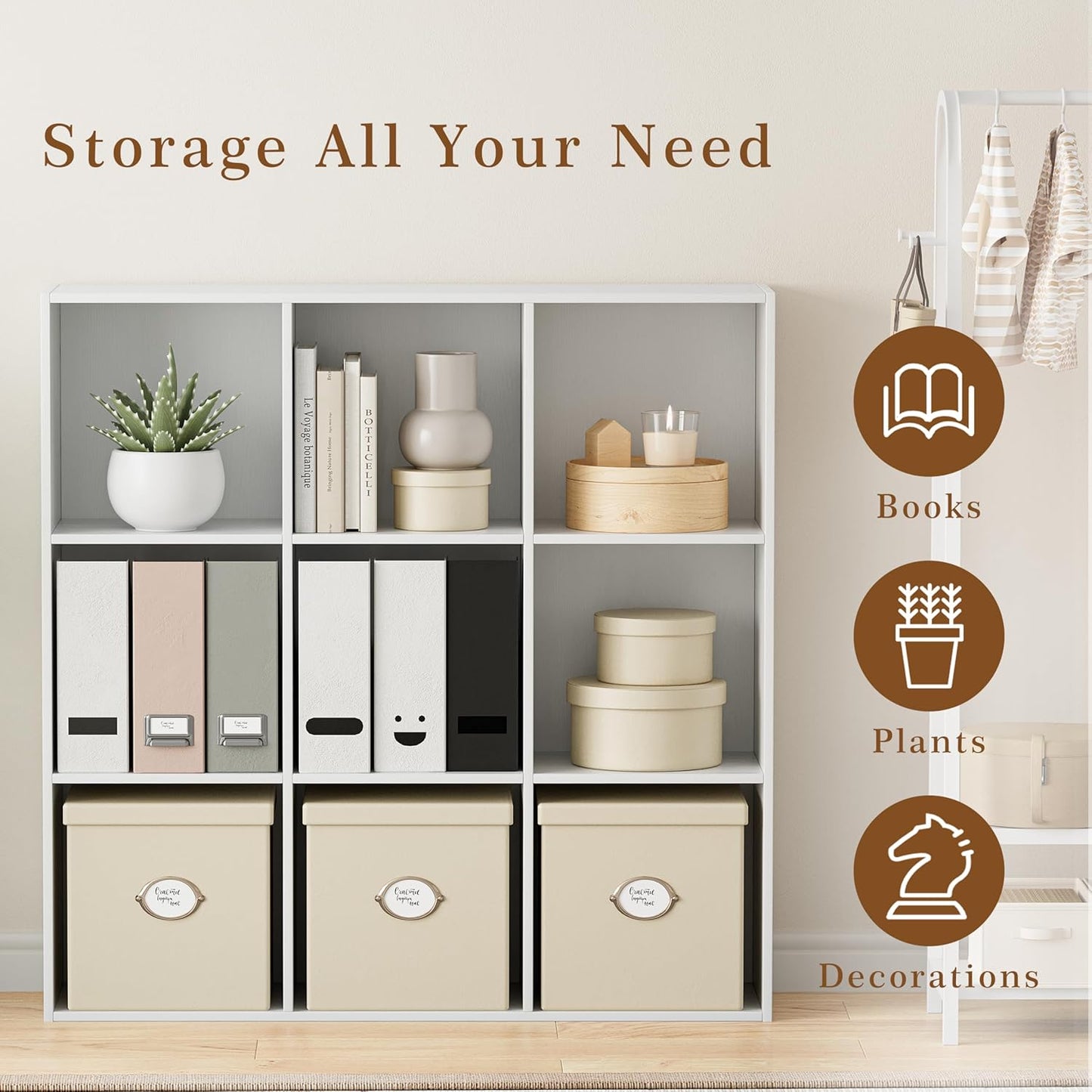 Wooden Storage Organizer with Closed Back Panel, 11in Cube Shelf Opening, Bookshelf, Display Shelf,Closet Cabinet for Home and Office (Embossed White, 9-Cube 35.98L*9.45W*35.91H)