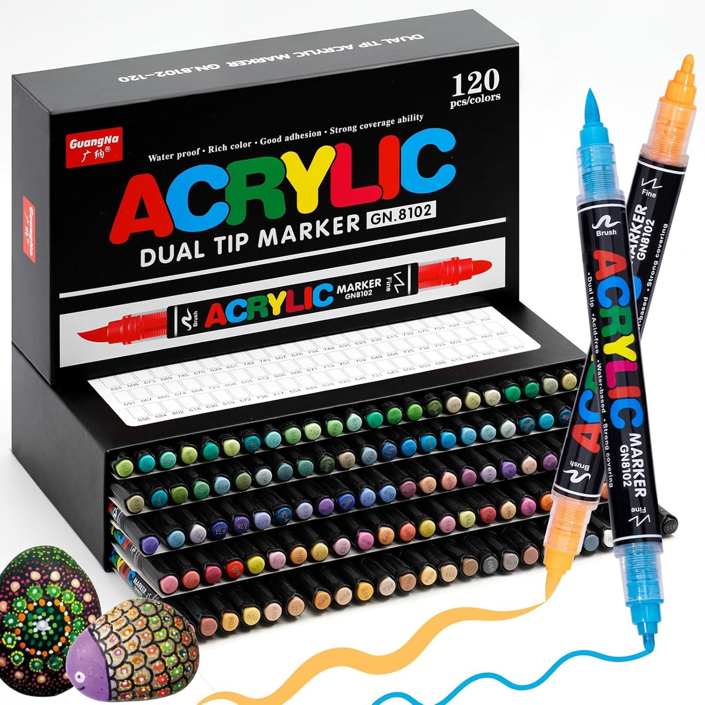 Guangna 120 Colors Acrylic Paint Markers, Dual Tip Paint Markers Pens Set with Soft Brush Tip, Multifunctional Fine Tip Markers for Wood,Canvas, Rock Painting,Glass,Diy Crafts Art Supplies, Waterproof
