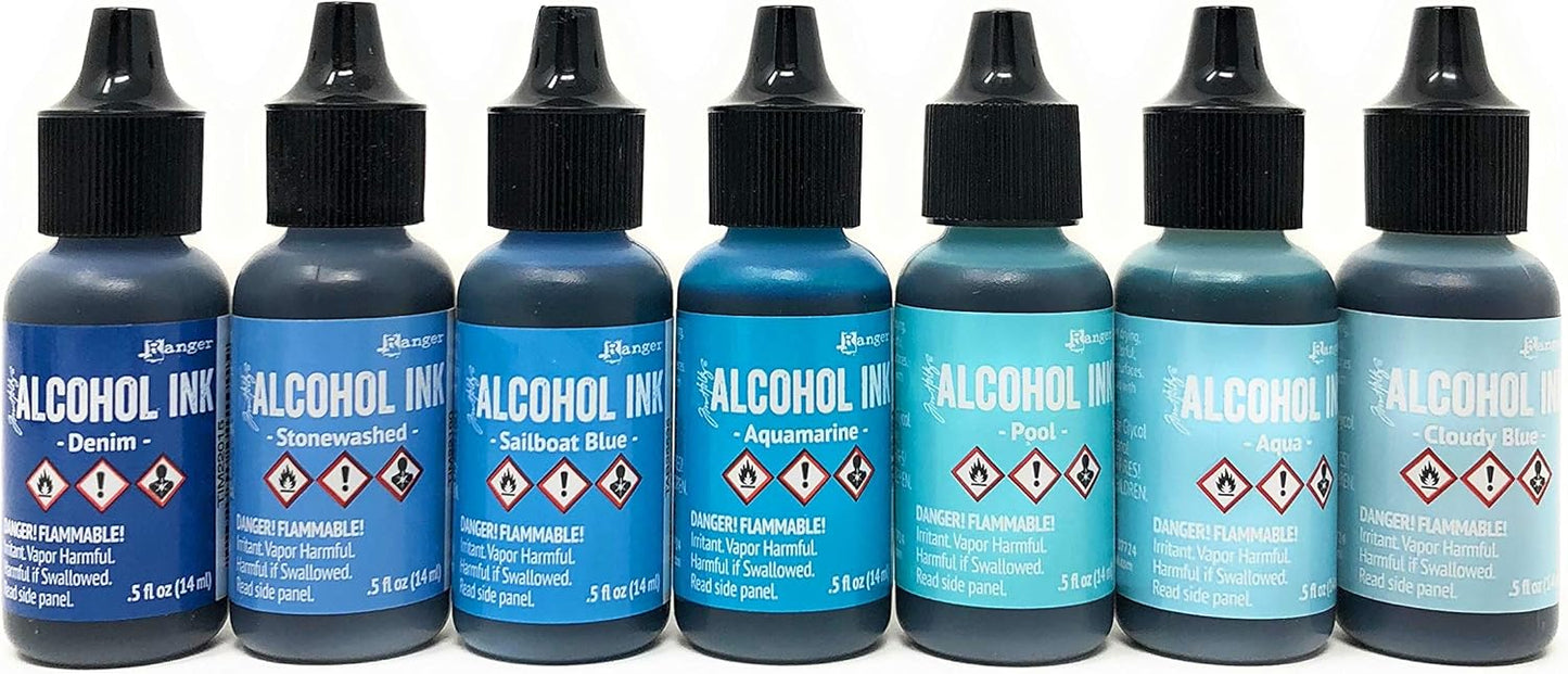 Tim Holtz Alcohol Inks - Shades of Blue - Denim, Stonewashed, Aquamarine, Pool, Cloudy Blue - 7 Ink Set - 10 Blending Tools