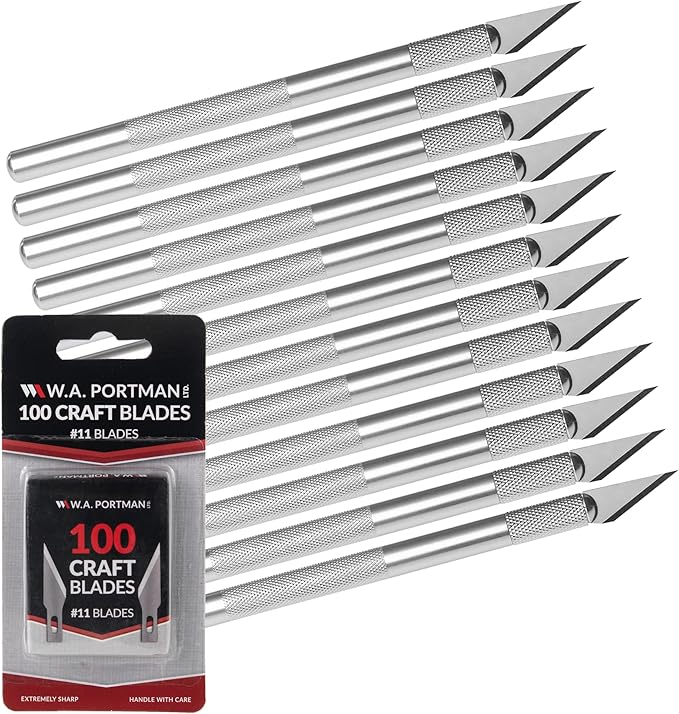 WA Portman Hobby Knife Set – 12pc Precision Craft Knife Set with 100 SK5#11 Steel Hobby Blades – Art Cutter Tool for Paper, Vinyl, Leather, Plastic, Fabric, Wood – Essential DIY and Craft Supplies