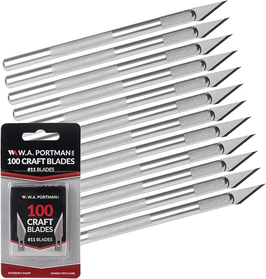WA Portman Hobby Knife Set – 12pc Precision Craft Knife Set with 100 SK5#11 Steel Hobby Blades – Art Cutter Tool for Paper, Vinyl, Leather, Plastic, Fabric, Wood – Essential DIY and Craft Supplies