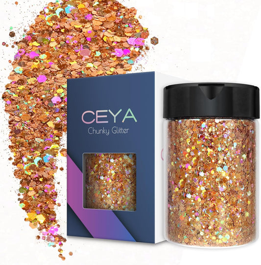 Ceya Holographic Chunky Glitter, 4.9oz/ 140g Rose Gold Craft Glitter Powder Mixed Chunky & Fine Flakes Iridescent Nail Sequins for Nail, Hair, Epoxy Resin, Tumblers, Slime, Painting, Festival Decor