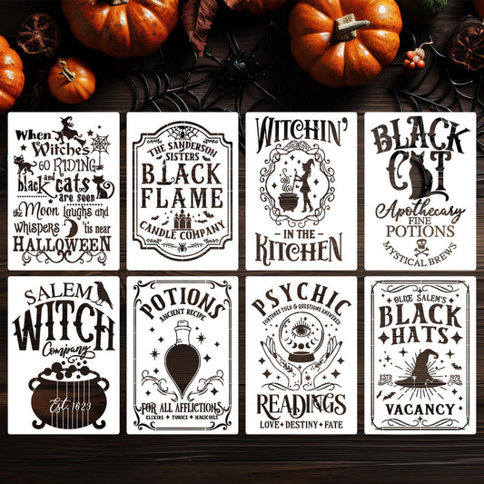 Halloween Stencils for Painting 11.7”x8.26” Reusable Halloween Stencil A4 Skeleton Witch Black Cats Draw Templates for Wood Signs Walls Windows Door Mat Fabrics