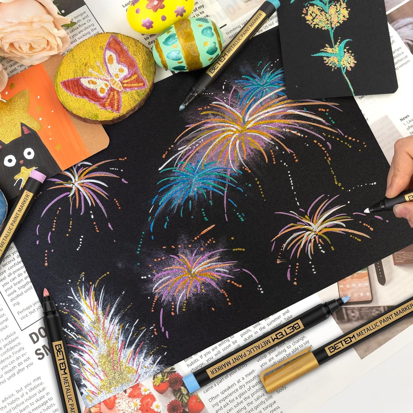 Betem Metallic Paint Markers, 18 Colors Acrylic Paint Metallic Markers for Black Paper, 2mm Medium Tips Glitter Pens Scrapbooking Supplies, Pumpkin Painting Kit for Rock Painting, Cards, Photo Albums