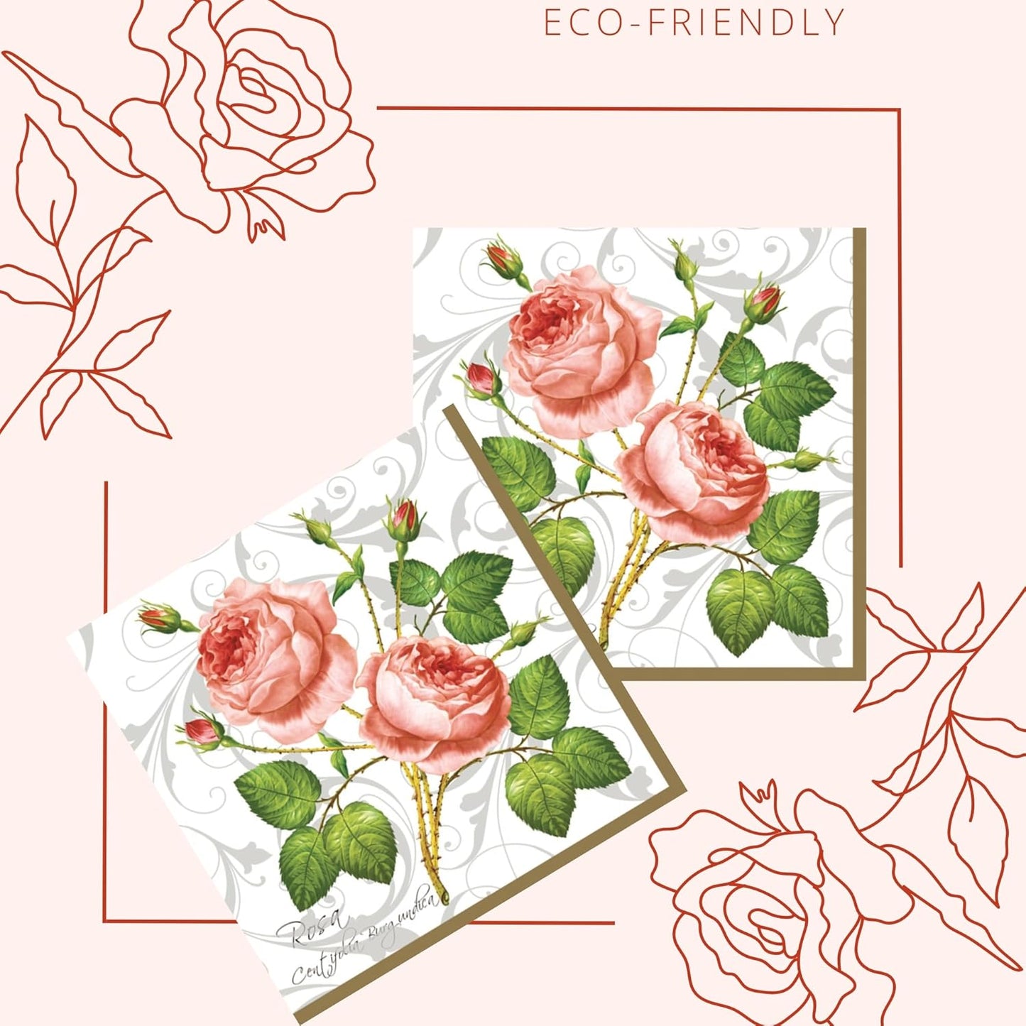 20-ct 13x13 Flowers Paper Luncheon Decoupage Napkins, 3-Ply Servilletas Printed Baby Roses Cocktail Napkin for Art, Dinner and Party, Disposable Napkins Decor