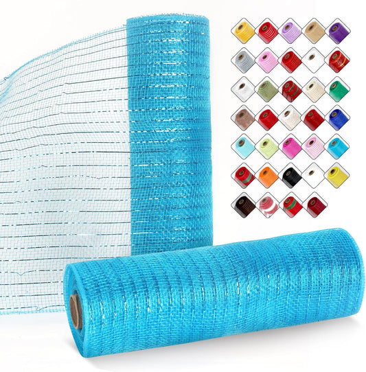 2 Rolls Mesh Ribbon for Wreaths 10 Inch x 30 Foot Wreath Mesh Rolls with Metallic Foil for Easter Christmas Party Wedding Home Decor DIY Craft Projects and Gift Wrapping(Peacock Blue)