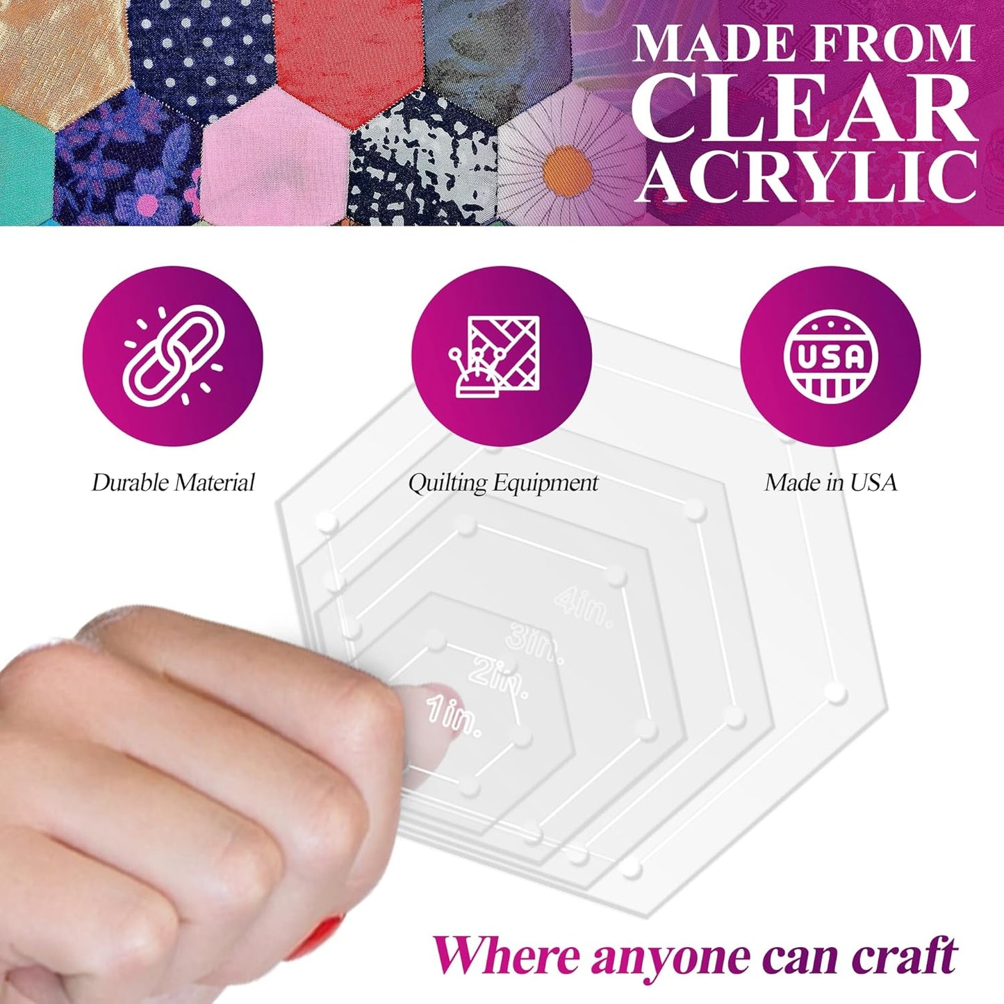 Hexagon Quilting Template Set - 4", 3", 2", 1" Sizes with 1/4" Seam Allowance - Durable Acrylic Templates for Quilting, Patchwork, Crafting, & Sewing Projects - Clear Templates for Accuracy