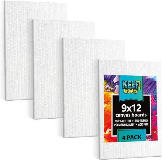 KEFF Canvas Boards for Painting - 9x12 4-Pack Bulk Canvas Panels Value Pack - 100% Cotton Triple Primed Canvases for Painting Supplies, Acrylic, Oil, Watercolor & Tempera