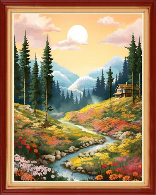 Dooxvey Cross Stitch Kit for Adults Beginners - Stamped Needlepoint Embroidery Kit, 11CT Pattern, Sunrise Forest Theme, 16x20 Inch